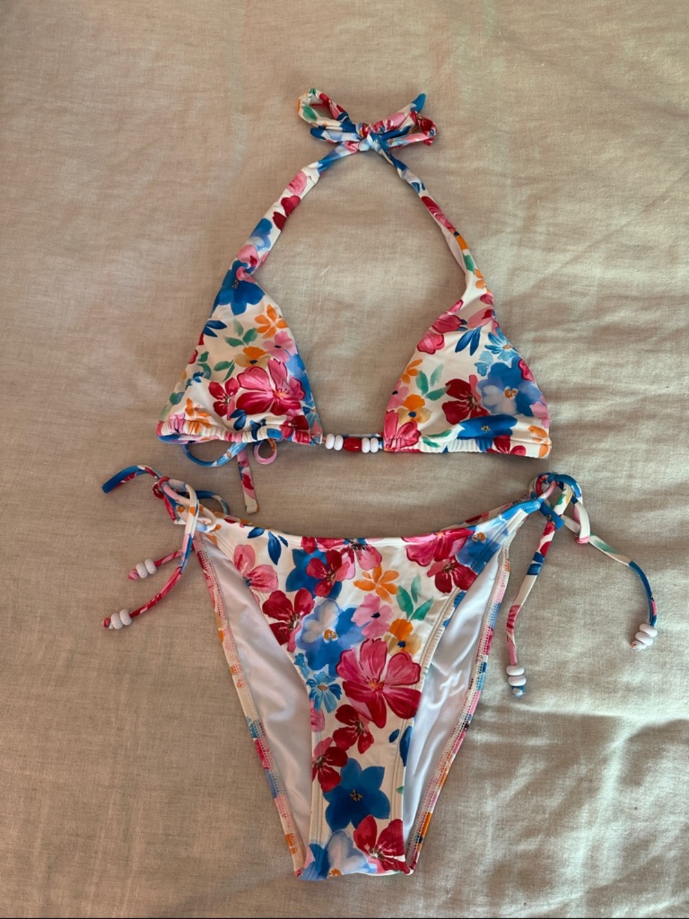 Girls Floral Tie-Side Bikini Set - White with Pink & Blue Flowers